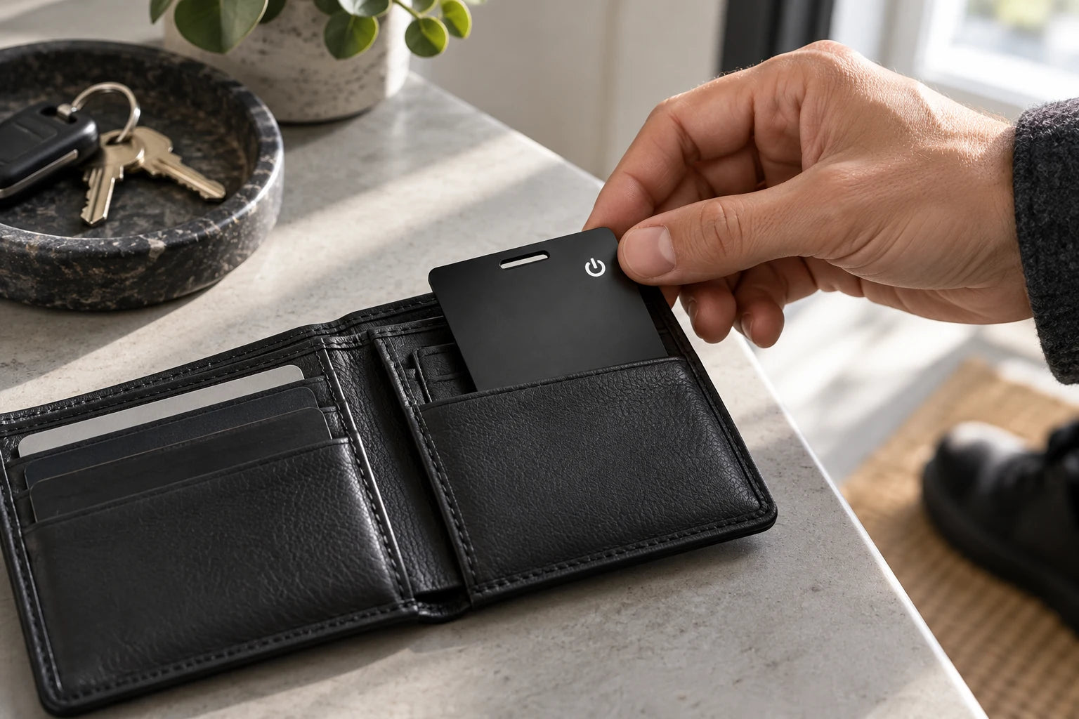 A hand sliding a tracking card into a wallet beside keys on a tidy table